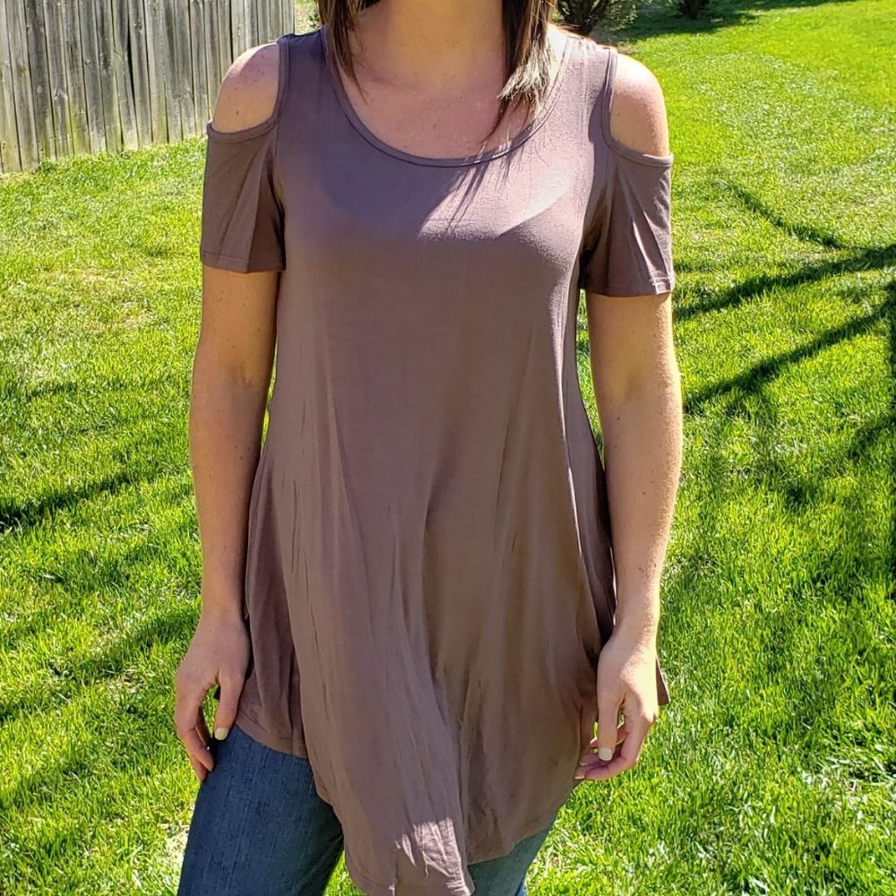 Cold Shoulder Tunic Top Shirt Blouse Off Taupe